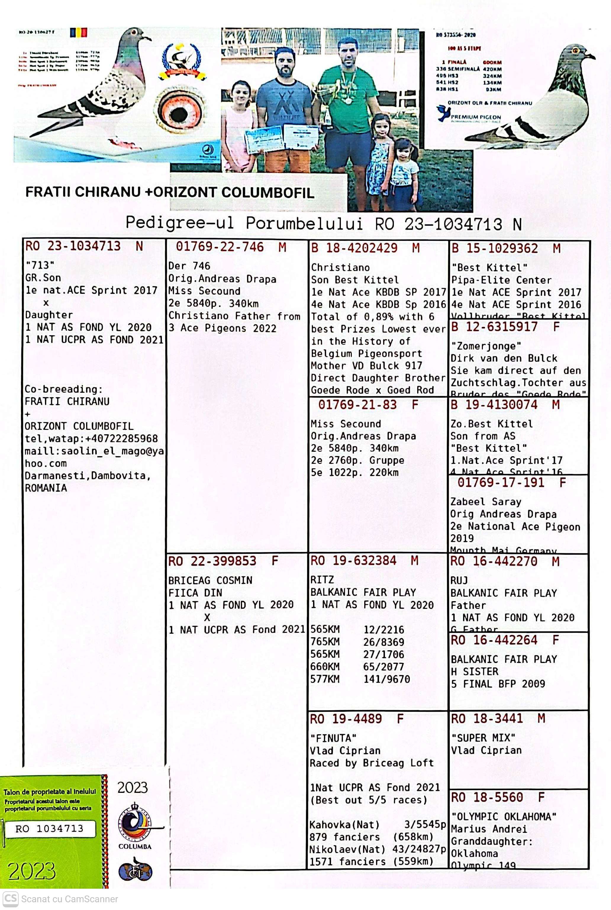 1034713-23 F orig. Fratii Chiranu + Orizont Columbofil, nepoata 1 Nat.AS Fond YL