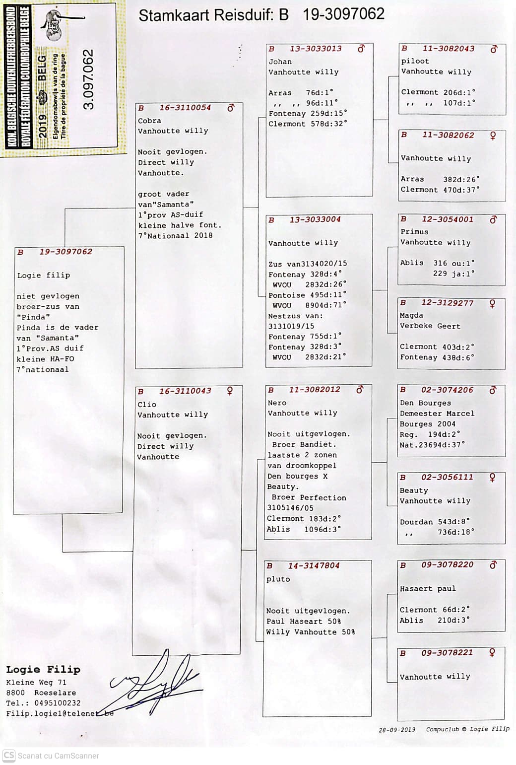 BE 3097062-19 M orig. Logie Filip, linie Samanta, loc 1 Prov. AS Demi-Fond